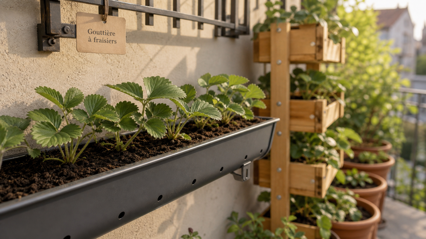 Plantation fraisier en hauteur : gouttière à fraisiers