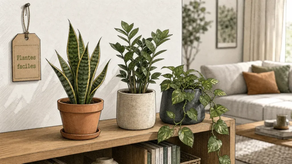 Plantes d’intérieur faciles d’entretien : sansevieria, zamioculcas, pothos en pot