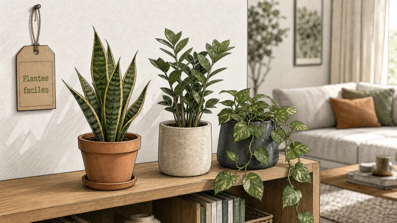 Plantes d'intérieur faciles d'entretien posées sur une étagère