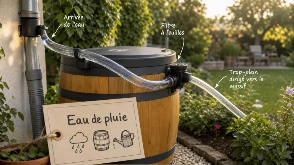 Récupérer l’eau de pluie au jardin : cuve, tuyau et gouttière