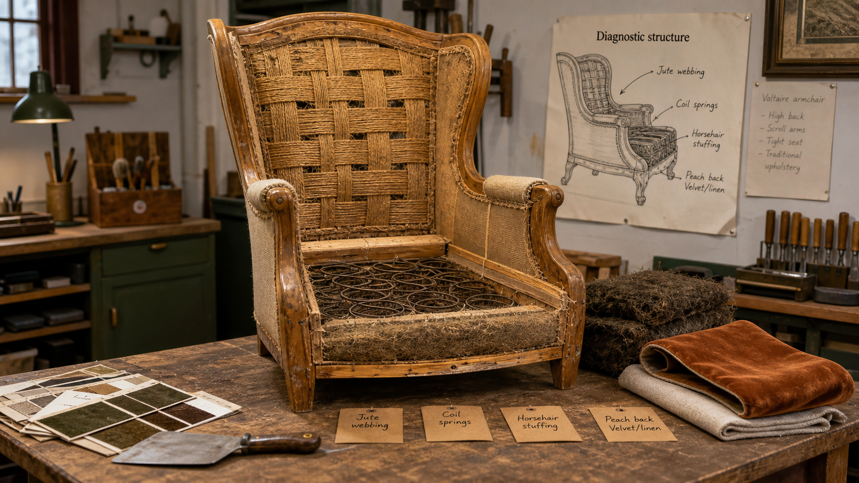 Rénovation fauteuil Voltaire : bois et garnissage en atelier