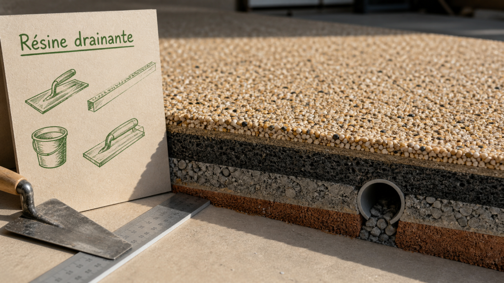 Résine drainante pour sol extérieur, vue en coupe