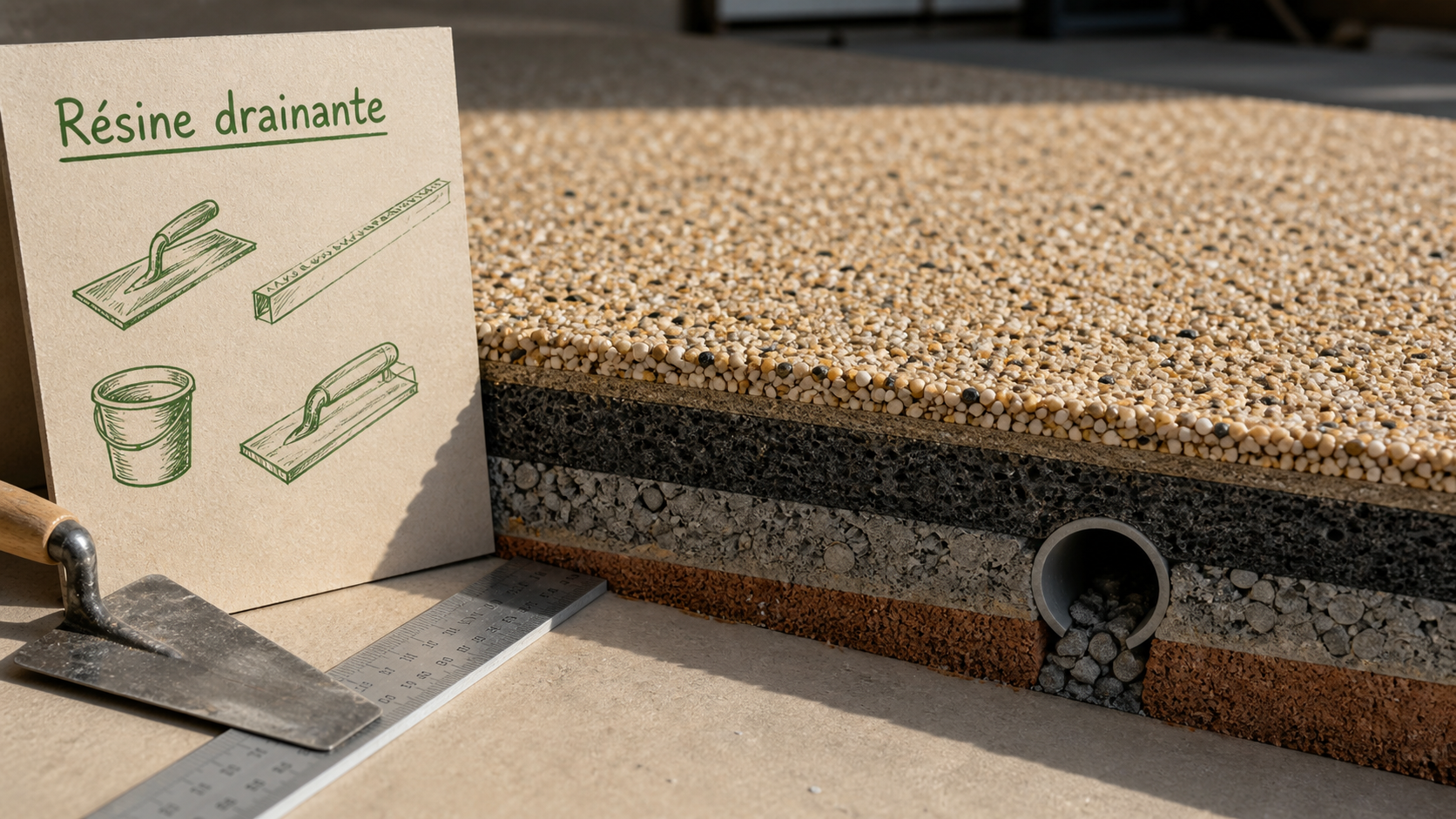 Résine drainante pour sol extérieur, vue en coupe
