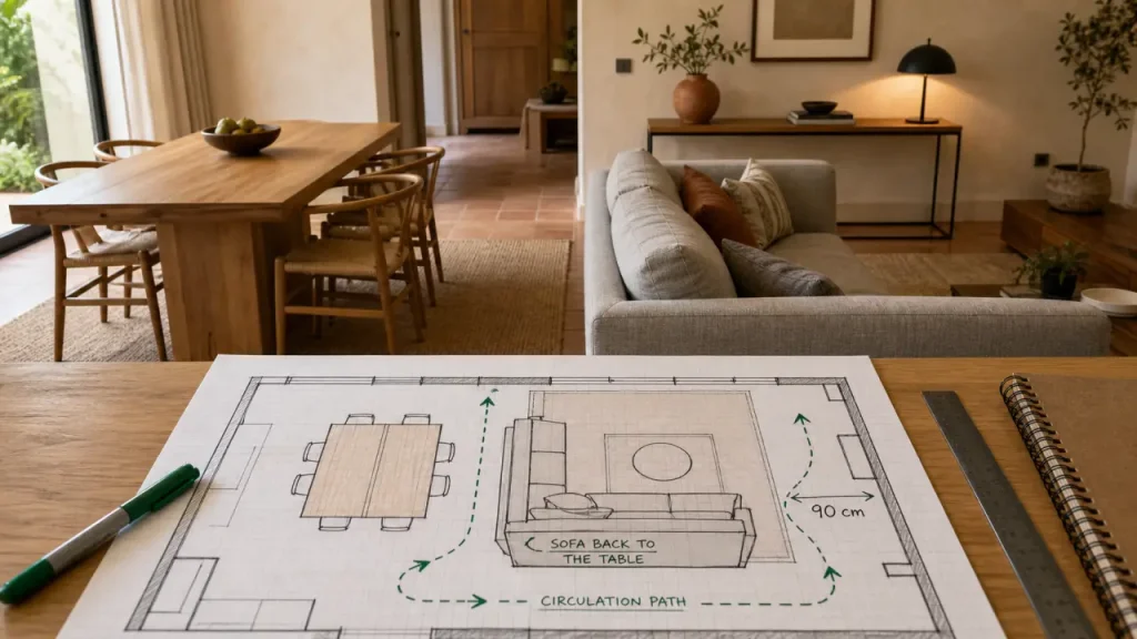 Salle à manger et salon dans la même pièce : 90 cm, circulation et meubles