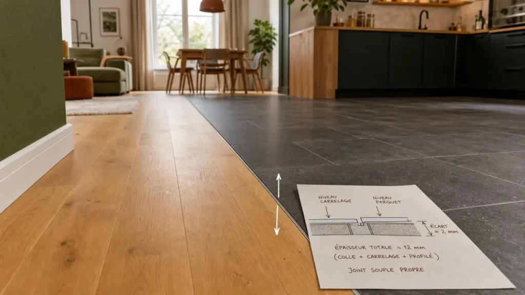 Jonction salon parquet cuisine carrelage : transition parquet et carrelage