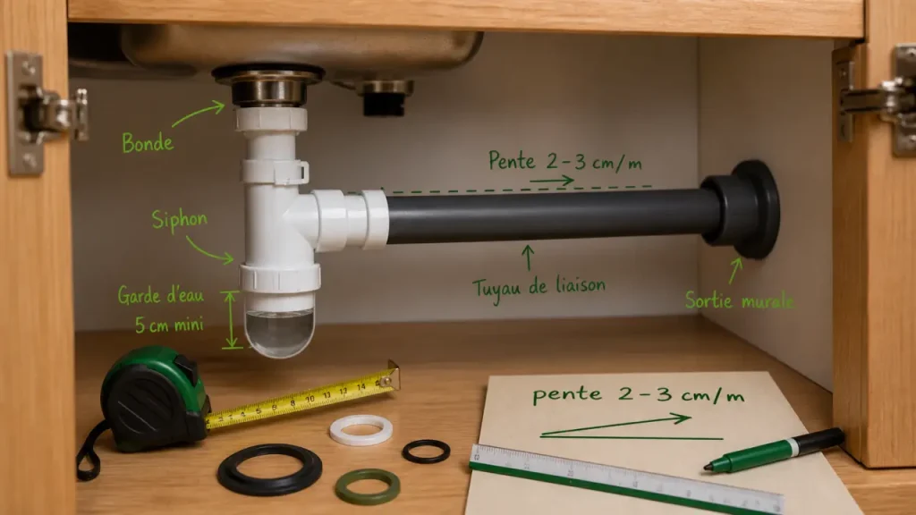 Schéma évacuation évier cuisine : raccord, siphon et pente