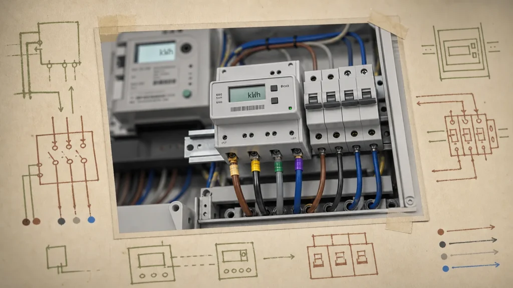 Sous compteur électrique sur rail DIN, avec affichage kWh et étiquette.