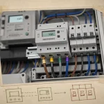 Sous compteur électrique sur rail DIN, avec affichage kWh et étiquette.
