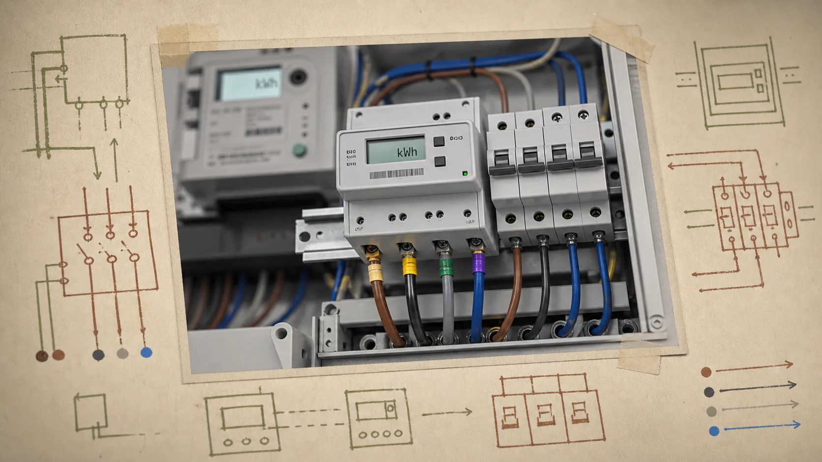 Sous compteur électrique sur rail DIN, avec affichage kWh et étiquette.