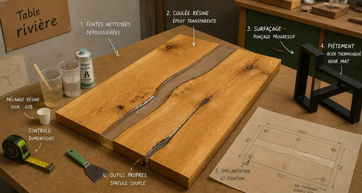 Table en resine : plateau bois et résine époxy, choix bois couleur dimensions