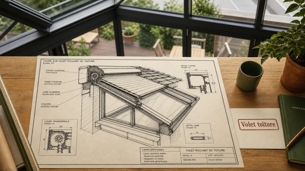 Volet roulant veranda en toiture, vue coffre et lames