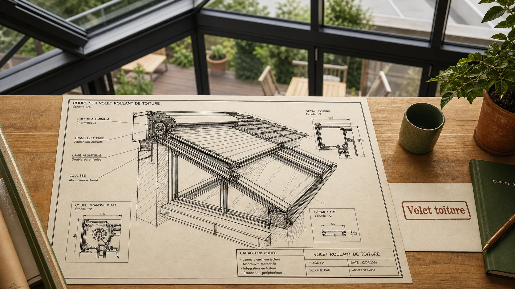 Volet roulant veranda en toiture, vue coffre et lames