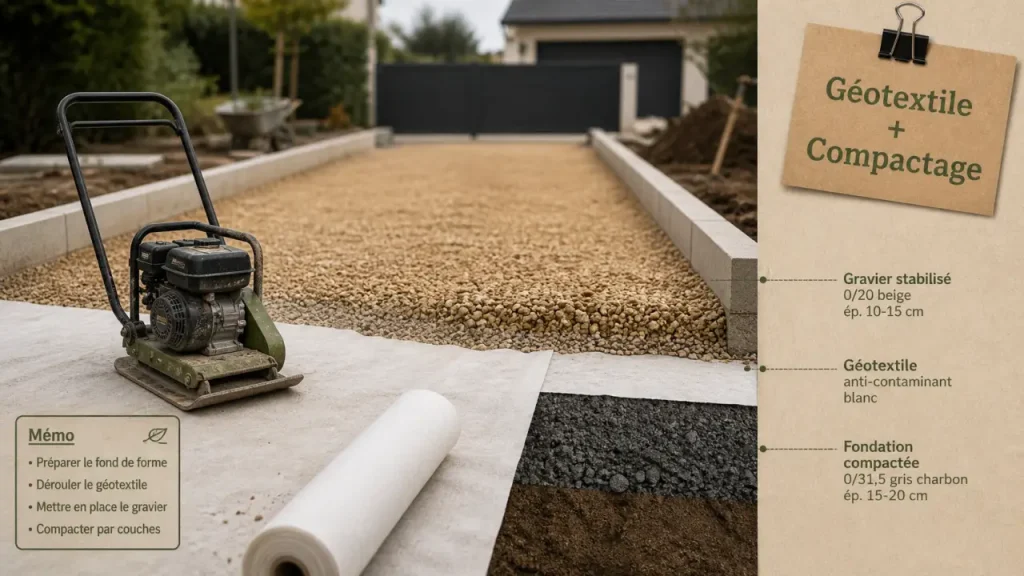 Allée carrossable pas chère : gravier stabilisé, géotextile et drainage avant tout