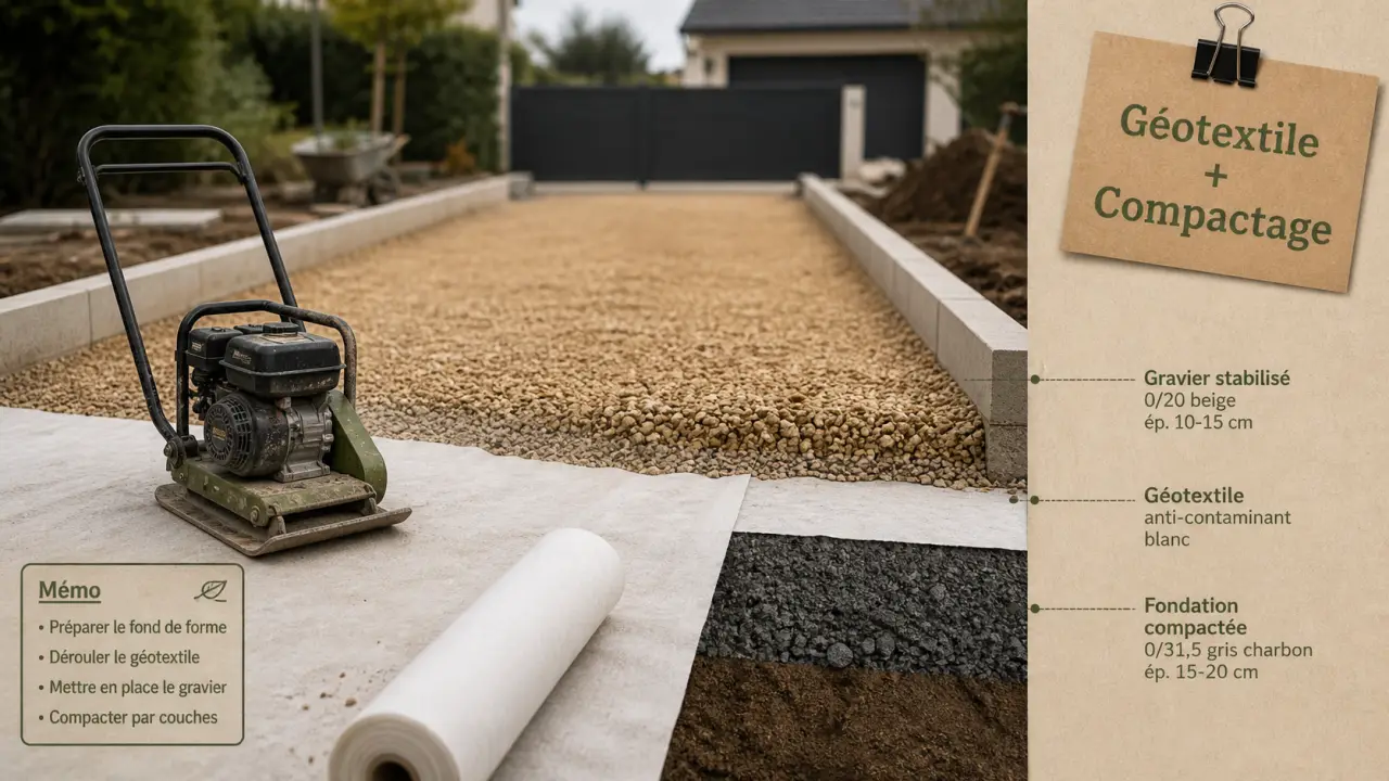 Allée carrossable pas chere : géotextile et gravier stabilisé avec drainage