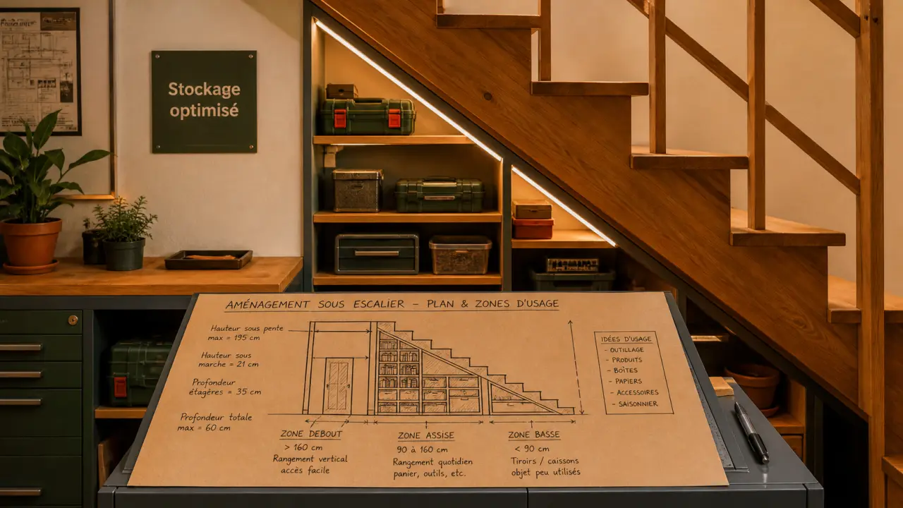 Aménagement sous escalier ouvert : stockage design sous pente avec LED