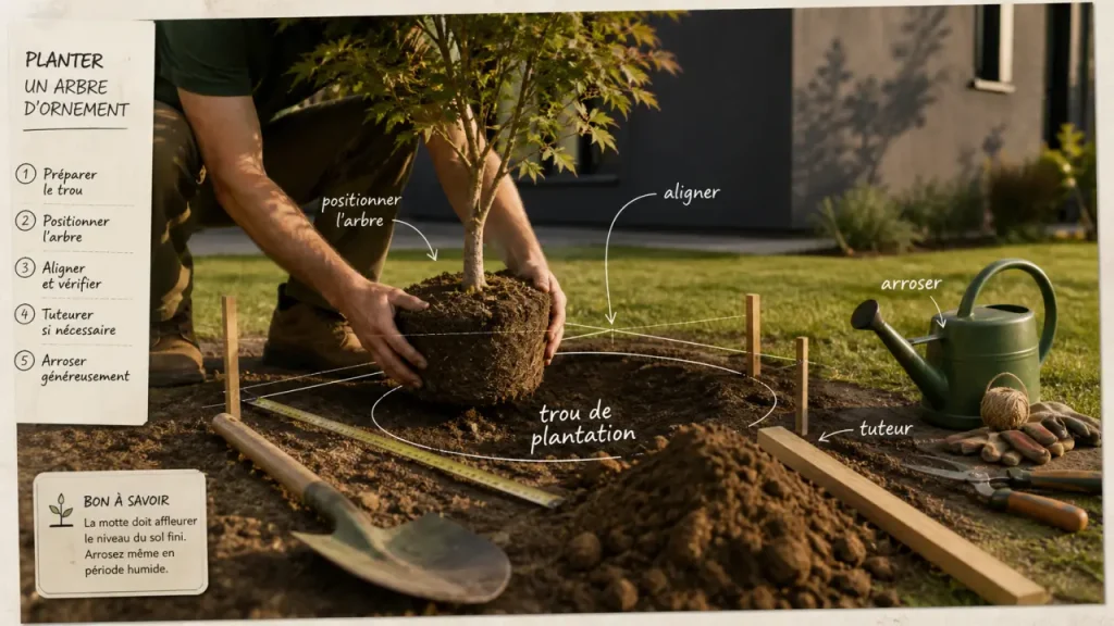 Arbre a planter en pot : zone de plantation balisée, tuteur et arrosage près de la terrasse