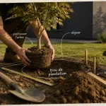 Arbre a planter en pot : zone de plantation balisée, tuteur et arrosage près de la terrasse