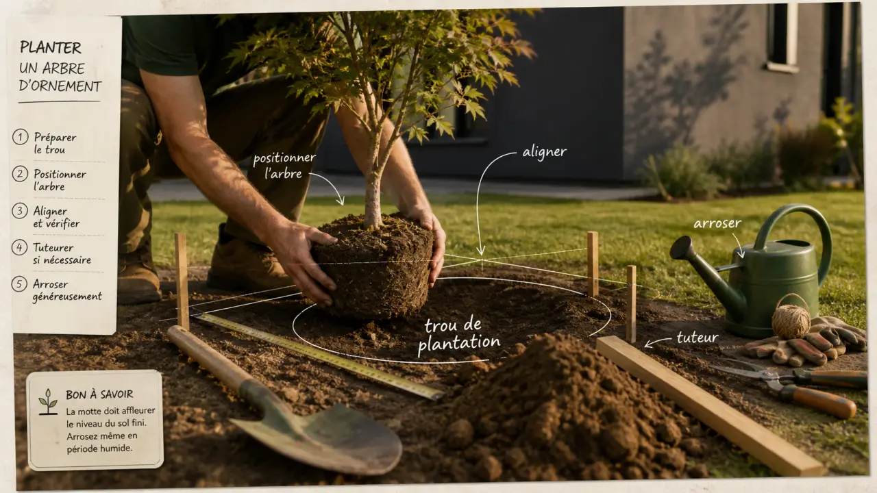 Arbre a planter en pot : zone de plantation balisée, tuteur et arrosage près de la terrasse