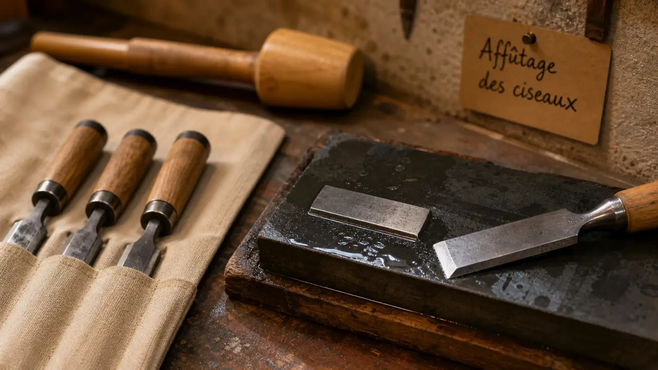 Ciseaux à bois en affûtage sur pierre humide