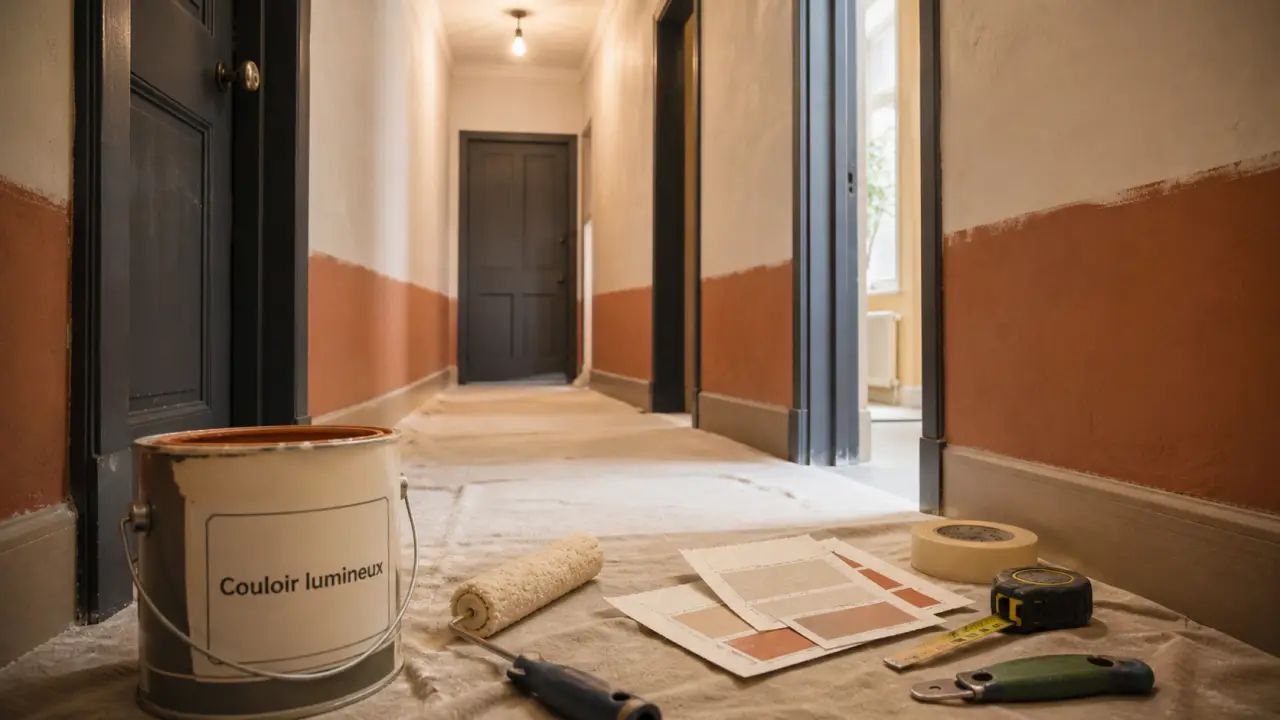 Couleur peinture pour couloir lumineux, mur beige et soubassement brun, couloir étroit