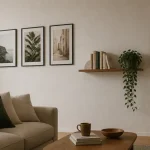 Décorer mur blanc : cadres, étagère flottante et applique murale