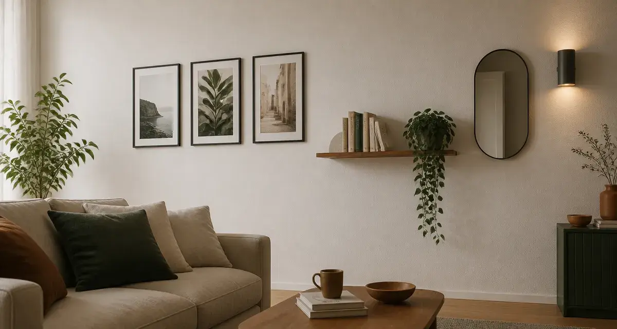 Décorer mur blanc : cadres, étagère flottante et applique murale