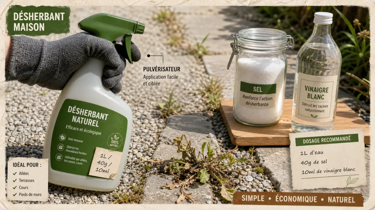 Dosage désherbant vinaigre sel liquide vaisselle : 40 g ou 100 g selon la zone