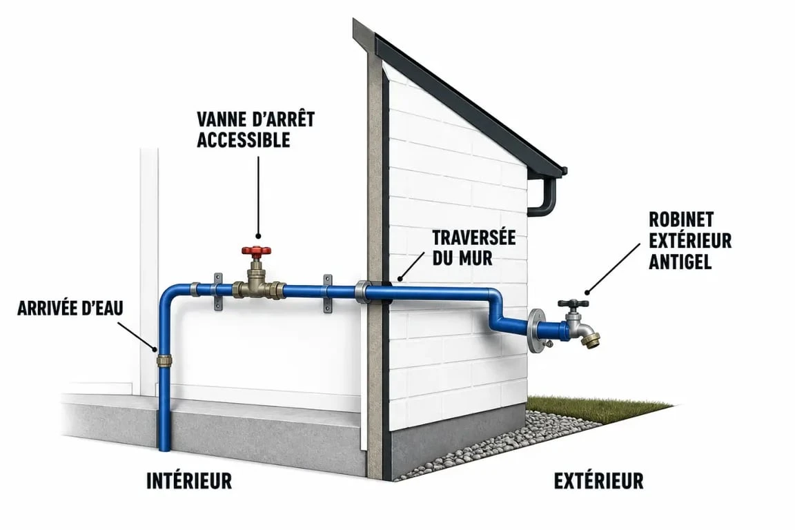 Installer un robinet extérieur : schéma simplifié du raccordement avec vanne d’arrêt intérieure, traversée du mur et robinet antigel en façade