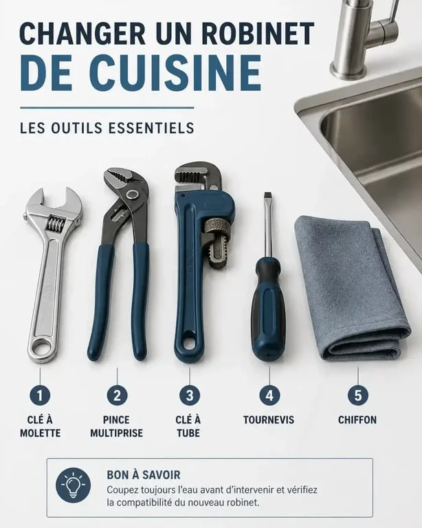 Outils nécessaires pour changer un robinet de cuisine : clé à molette, pince et tournevis