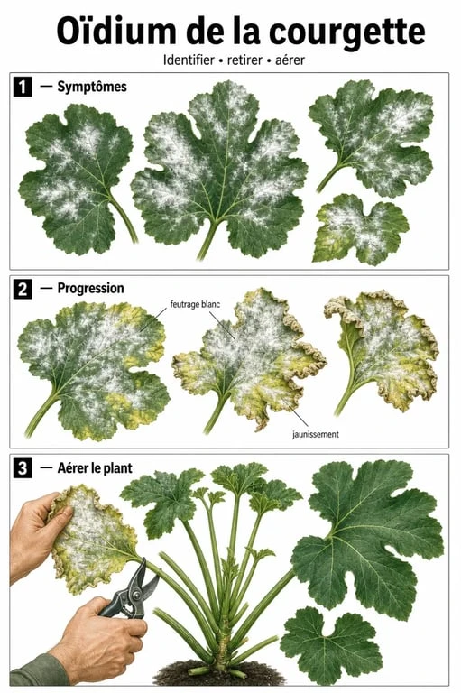 Traitement oïdium courgette : progression des symptômes sur feuilles de courgette et taille sélective au potager