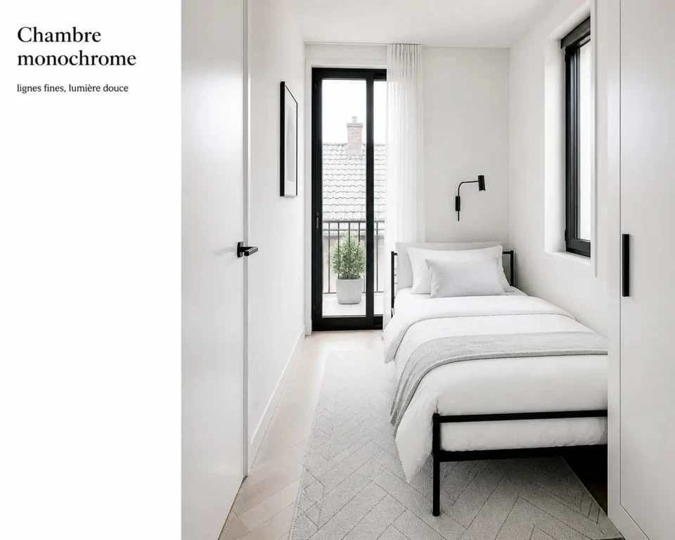 Petite chambre noir et blanc avec noir en touches fines et impression d’espace
