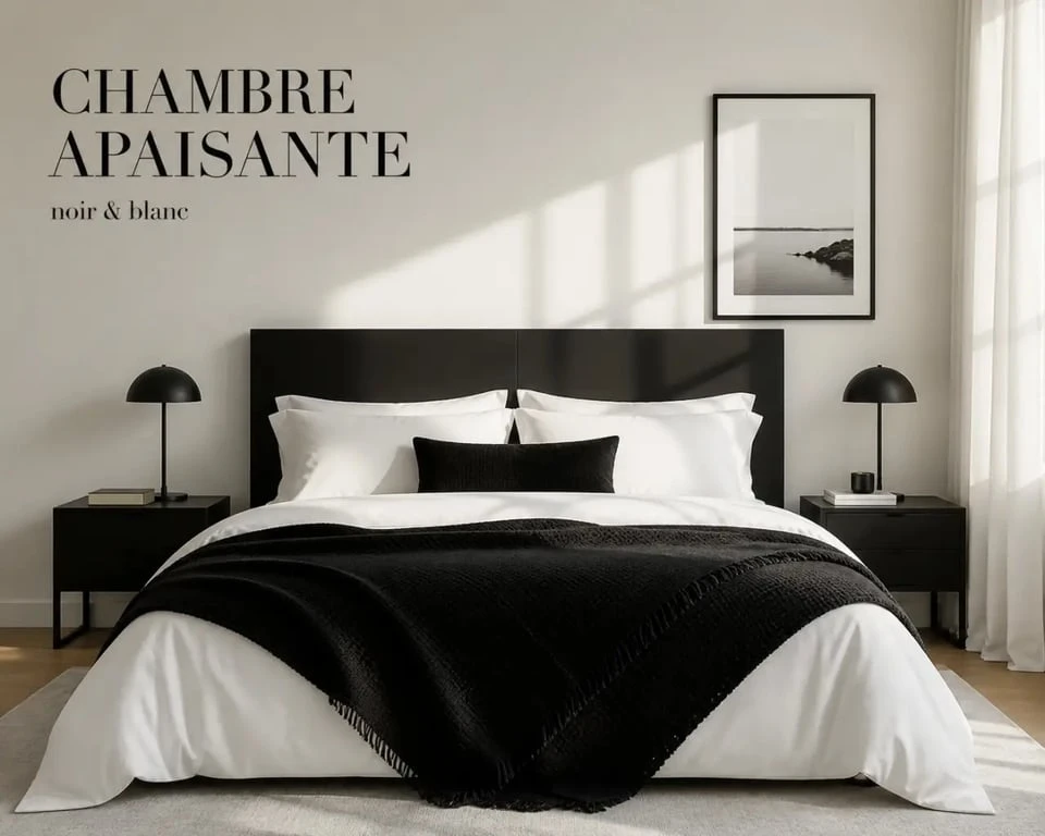 Chambre noir et blanc équilibrée avec lit blanc, accents noirs et ambiance apaisante