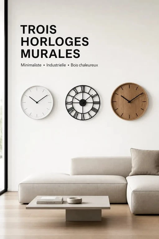Horloges design murales dans un intérieur contemporain avec styles minimaliste, industriel et bois