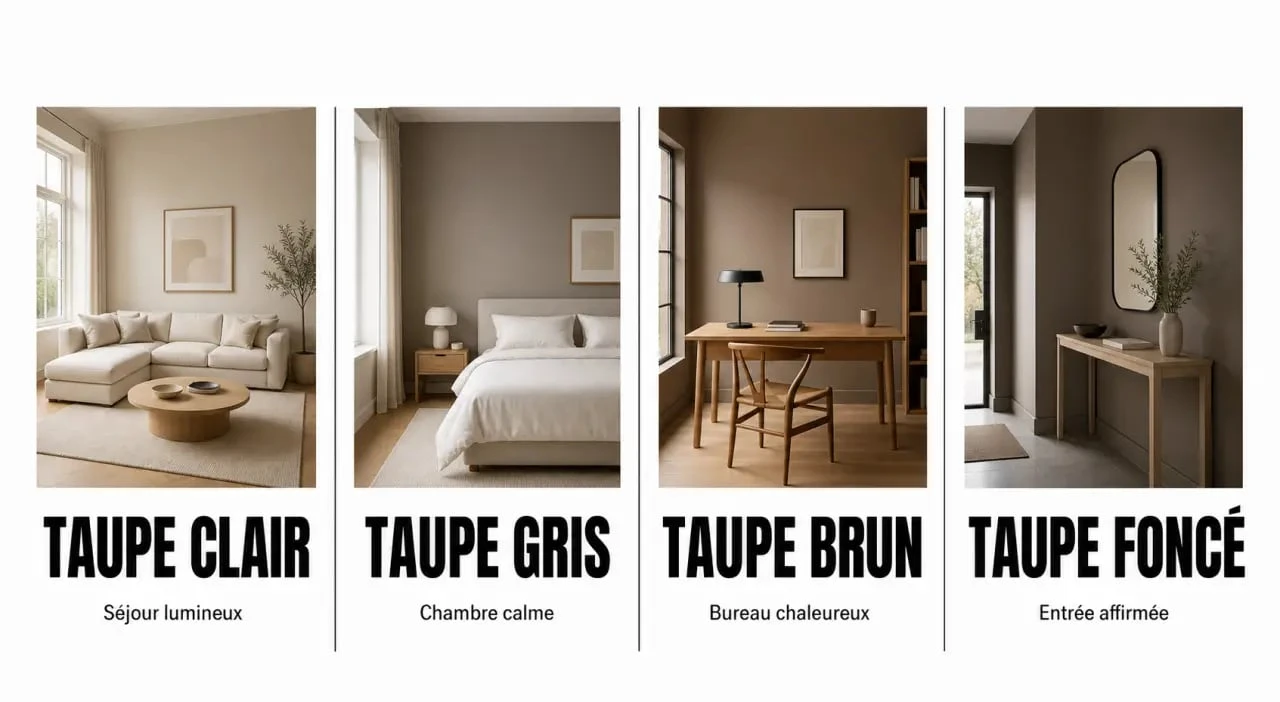 Peinture taupe : comparaison de quatre nuances dans un séjour, une chambre, un bureau et une entrée