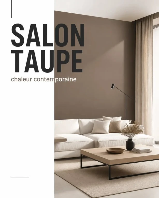 Peinture taupe associée au bois clair, au lin et au métal noir dans un salon