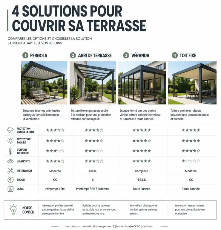 Comparatif des solutions de terrasse couverte maison : pergola, abri, véranda et auvent