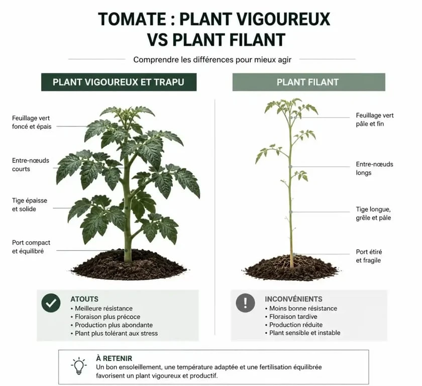 Comparaison entre un plant de tomate vigoureux et un plant filant manquant de lumière pour réussir ses semis de tomates