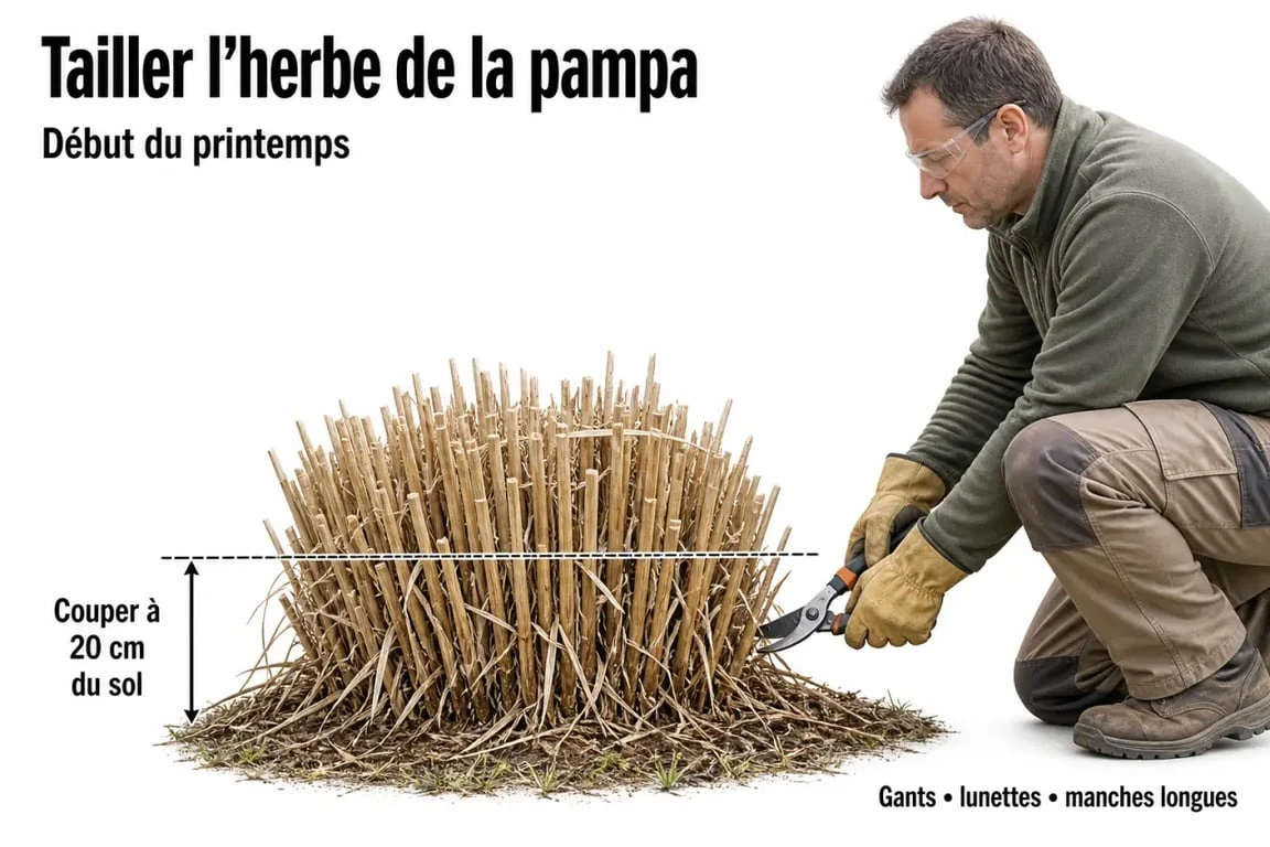 Taille pampa à 20 cm du sol au début du printemps avec gants et lunettes