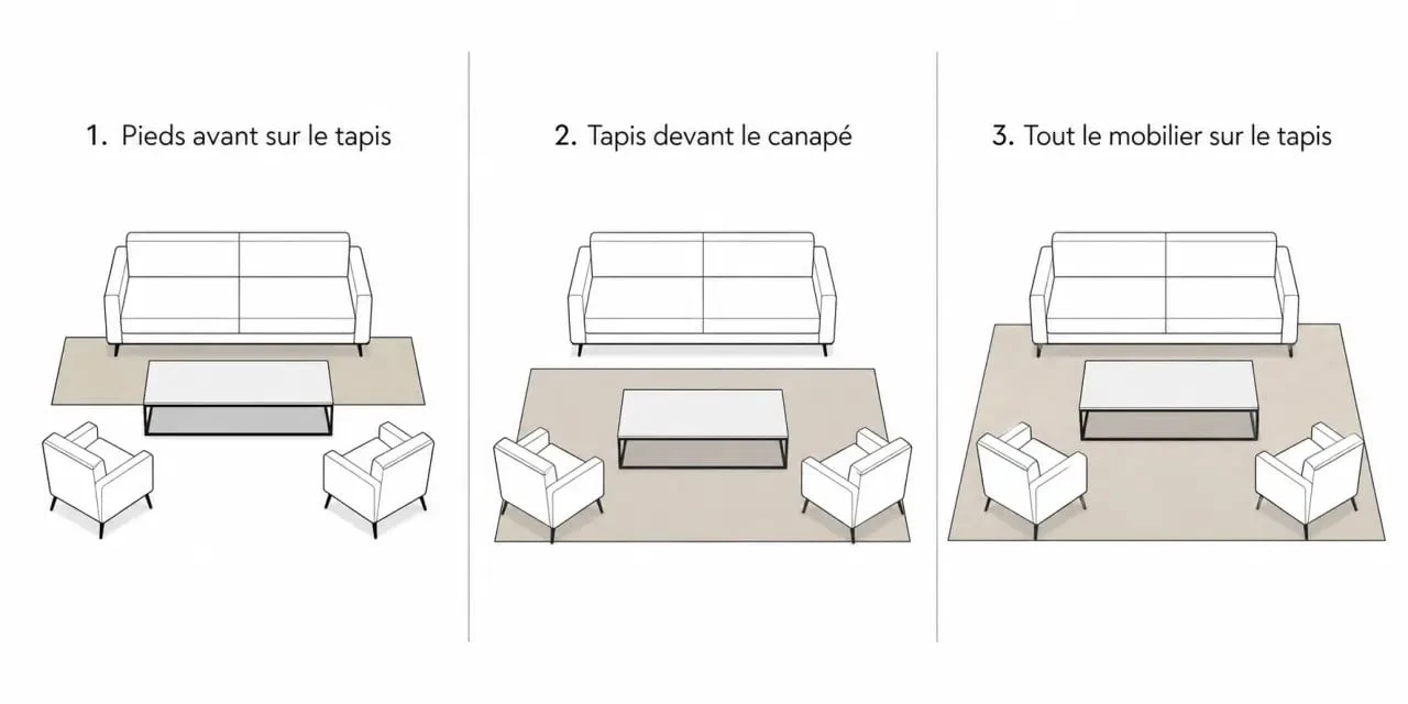 tapis dans salon : trois placements possibles autour du canapé et de la table basse