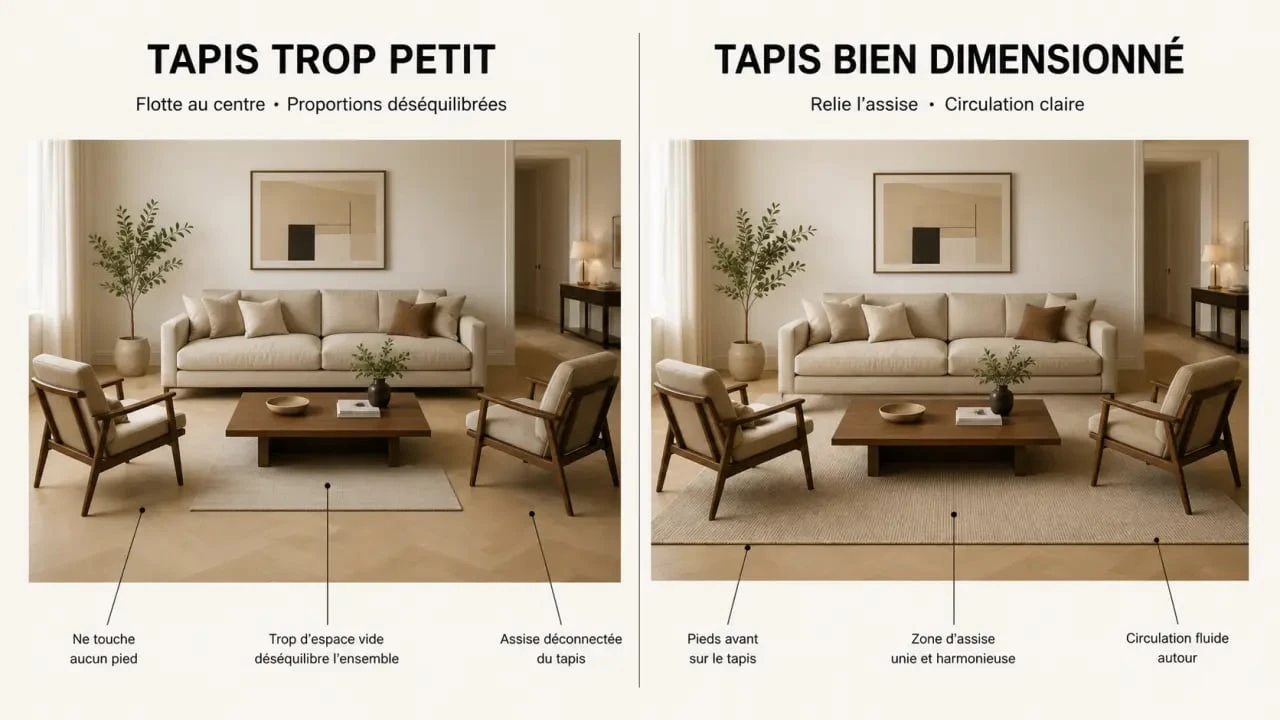 tapis dans salon : comparaison entre un tapis trop petit et un tapis bien proportionné