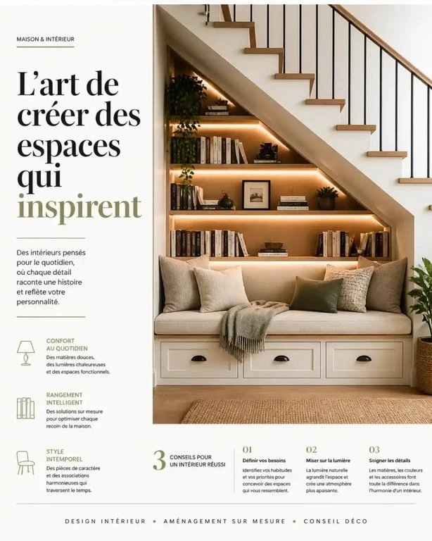 Bibliothèque et coin lecture aménagés sous un escalier ouvert
