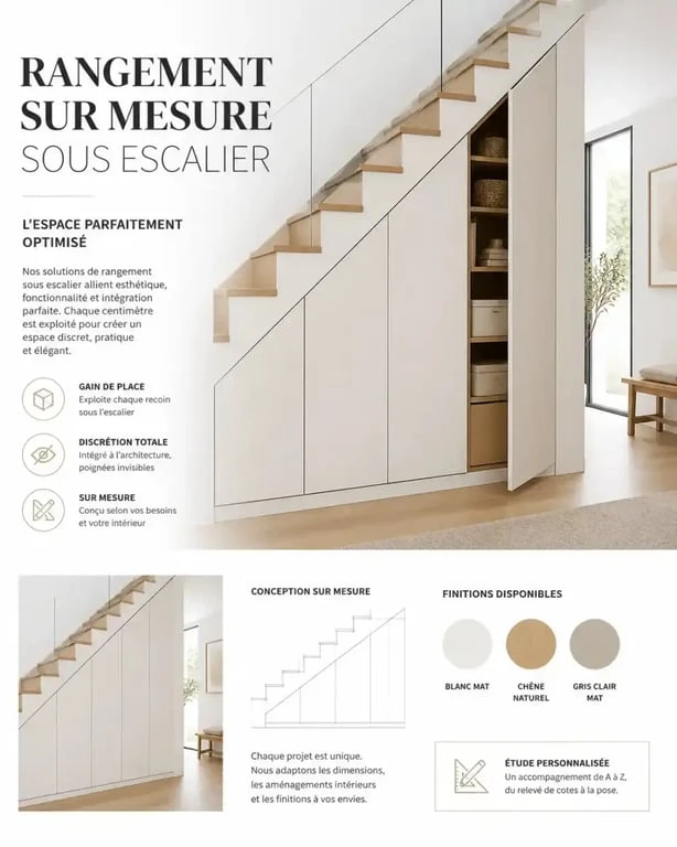 Placard de rangement sur-mesure sous escalier ouvert