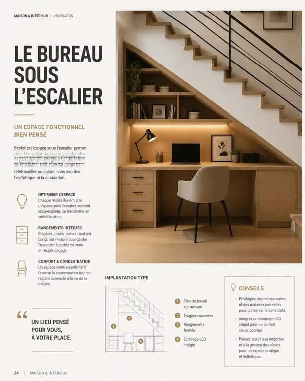 Aménagement sous escalier ouvert en espace bureau fonctionnel et esthétique