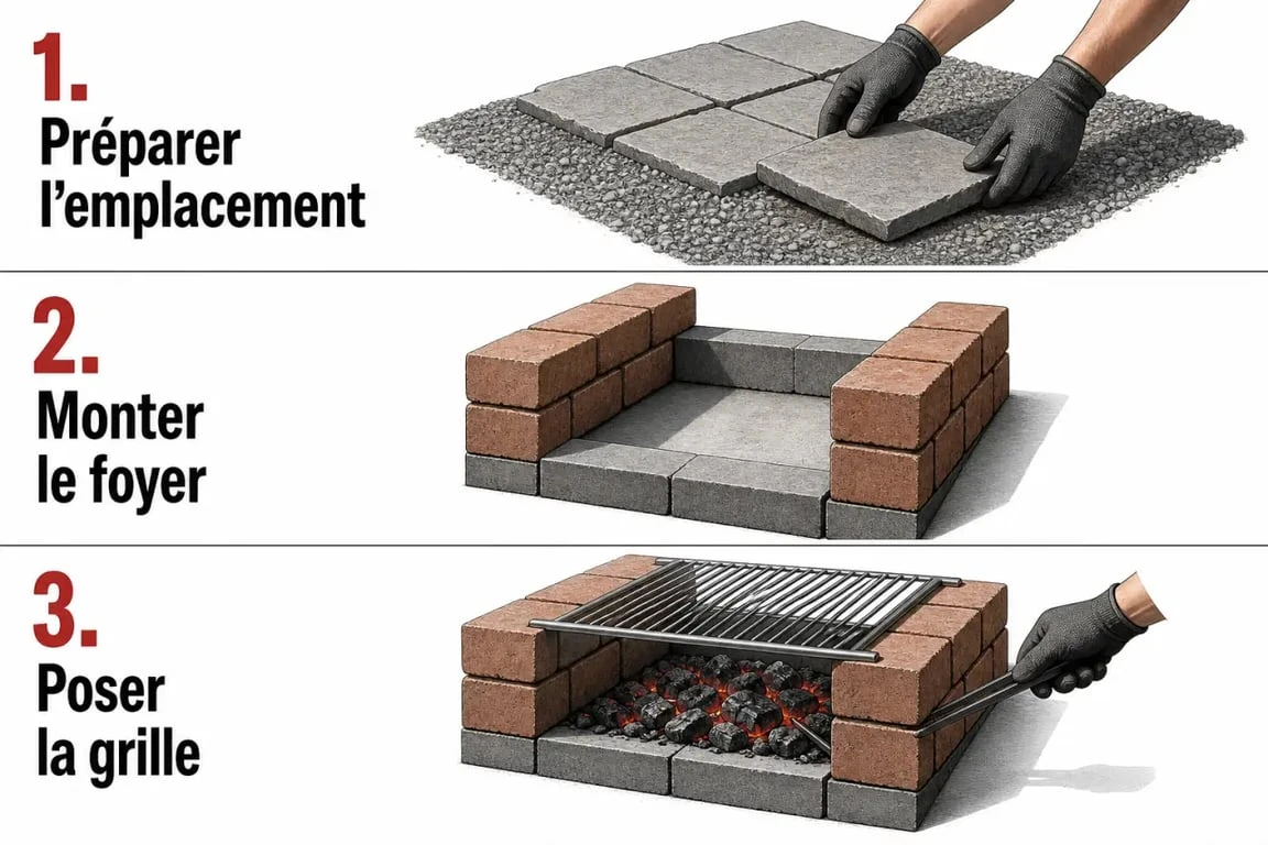 Faire un barbecue maison : montage du foyer, pose de la grille et contrôle des braises