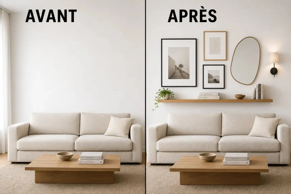 Décorer mur blanc : avant/après d’un salon avec cadres, miroir et étagère flottante