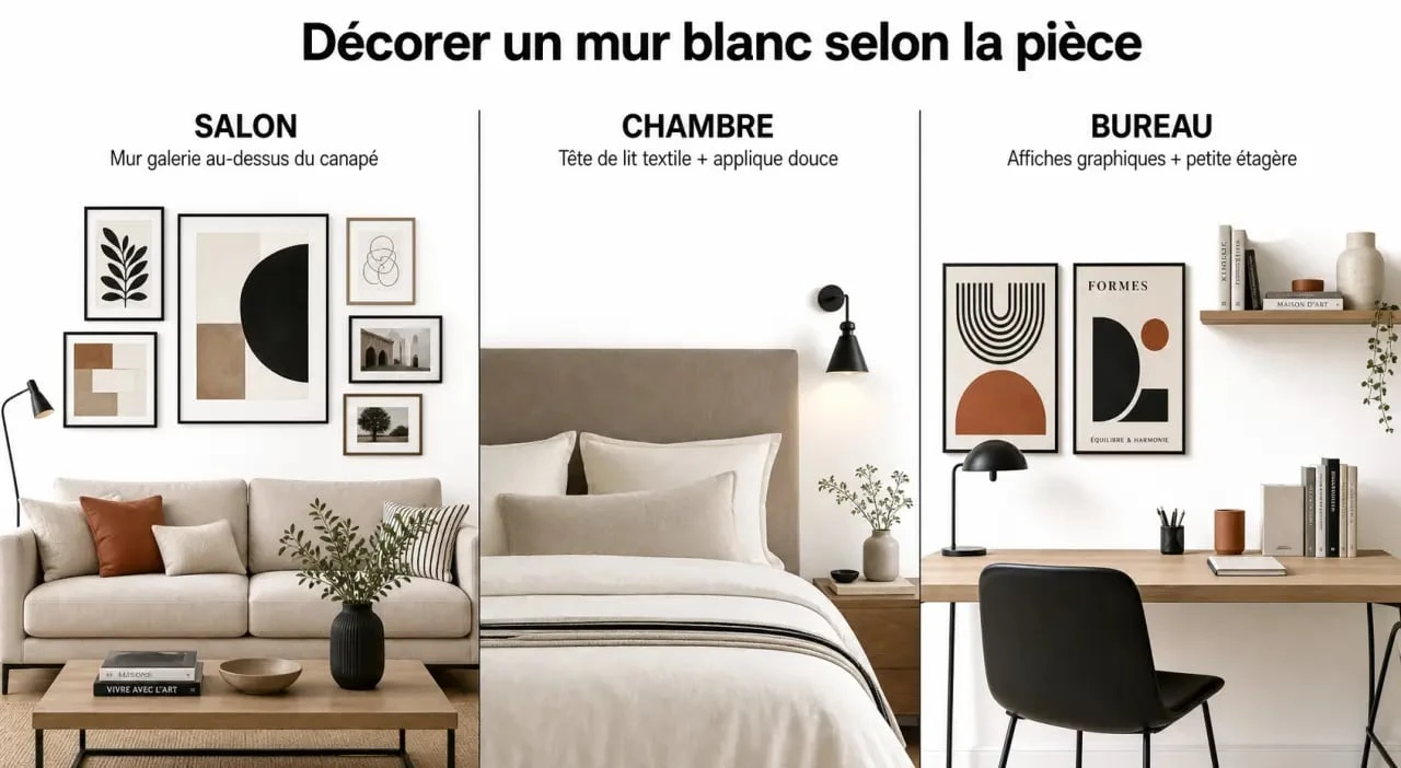 Décorer mur blanc : exemples par pièce avec salon, chambre et bureau
