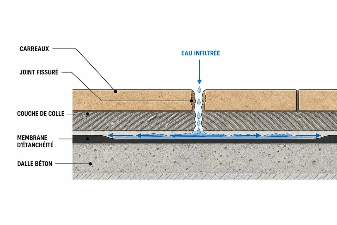 Étanchéité sur carrelage terrasse : schéma de coupe montrant l’eau infiltrée sous le carrelage