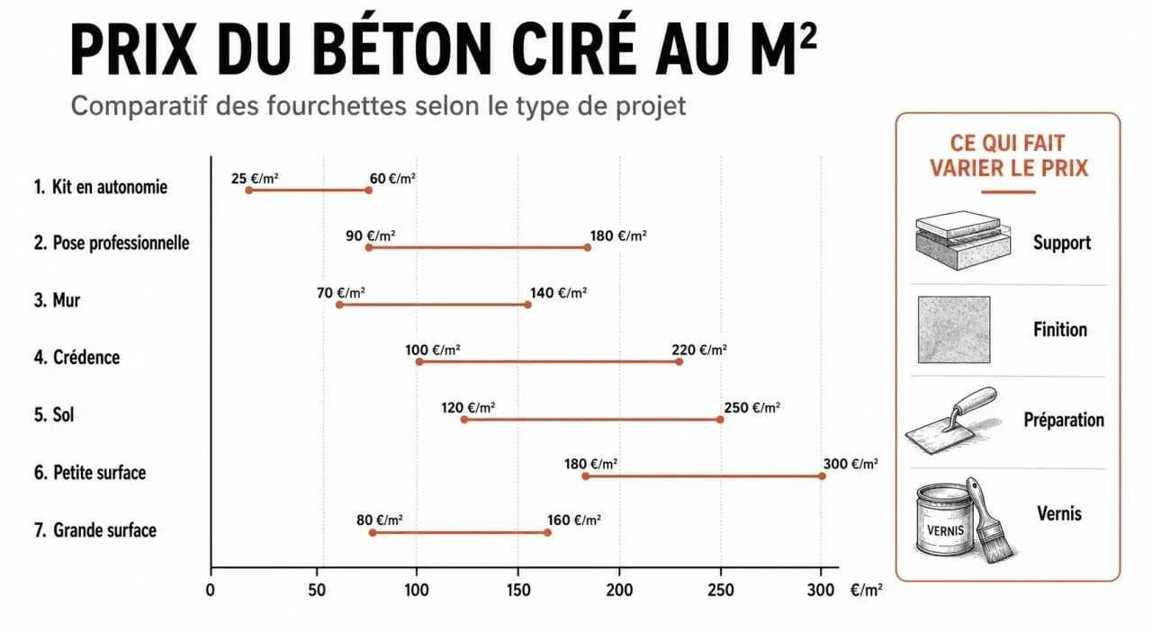 Infographie sur le prix du béton ciré au m2 avec comparatif des coûts selon le type de pose et la surface