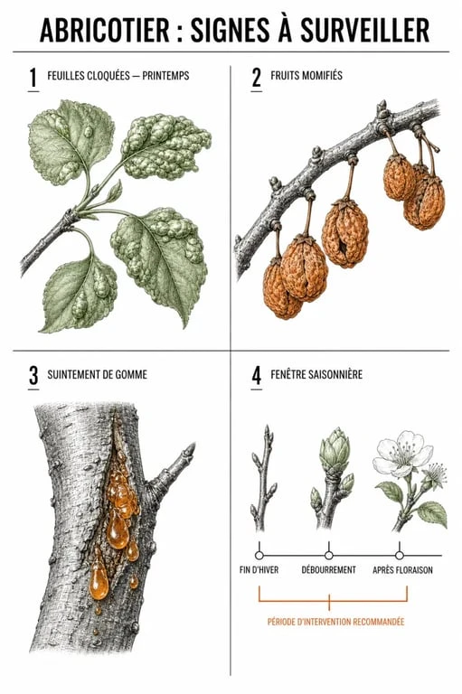 Traitement abricotier : diagnostic visuel des feuilles cloquées, fruits momifiés et rameaux atteints