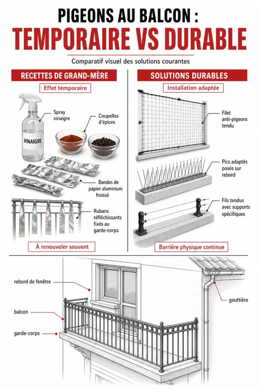 Recette de grand mere pour faire fuir les pigeons : comparaison visuelle entre astuces maison temporaires et protections durables